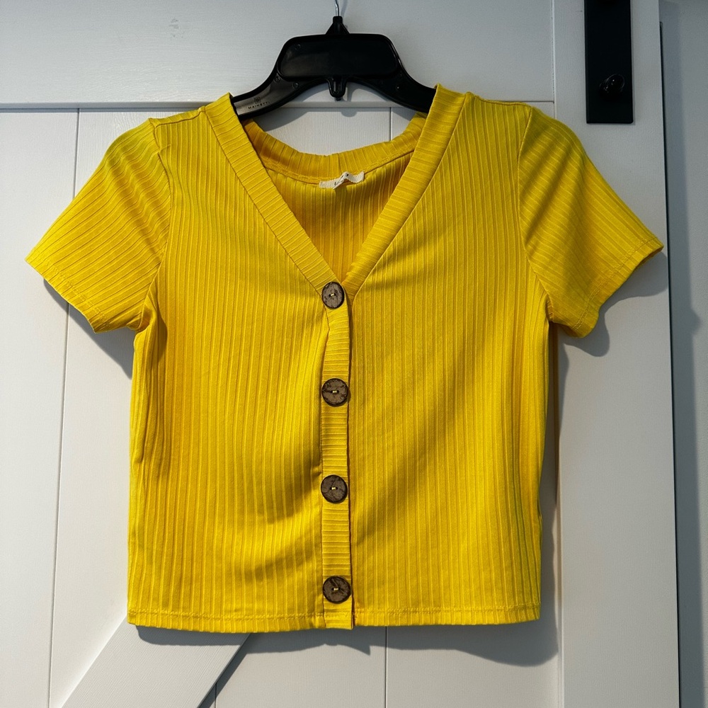 Yellow Ribbed Short Sleeved V Neck Shirt